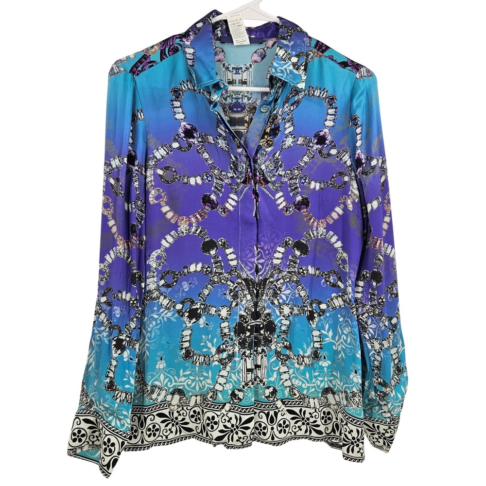 Les Copains Jewel Print Blouse Blue Purple Silk Ombre Luxury Designer Button 6